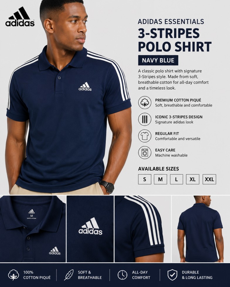 Adidas Essentials 3-Stripes Polo Shirt – Navy Blue